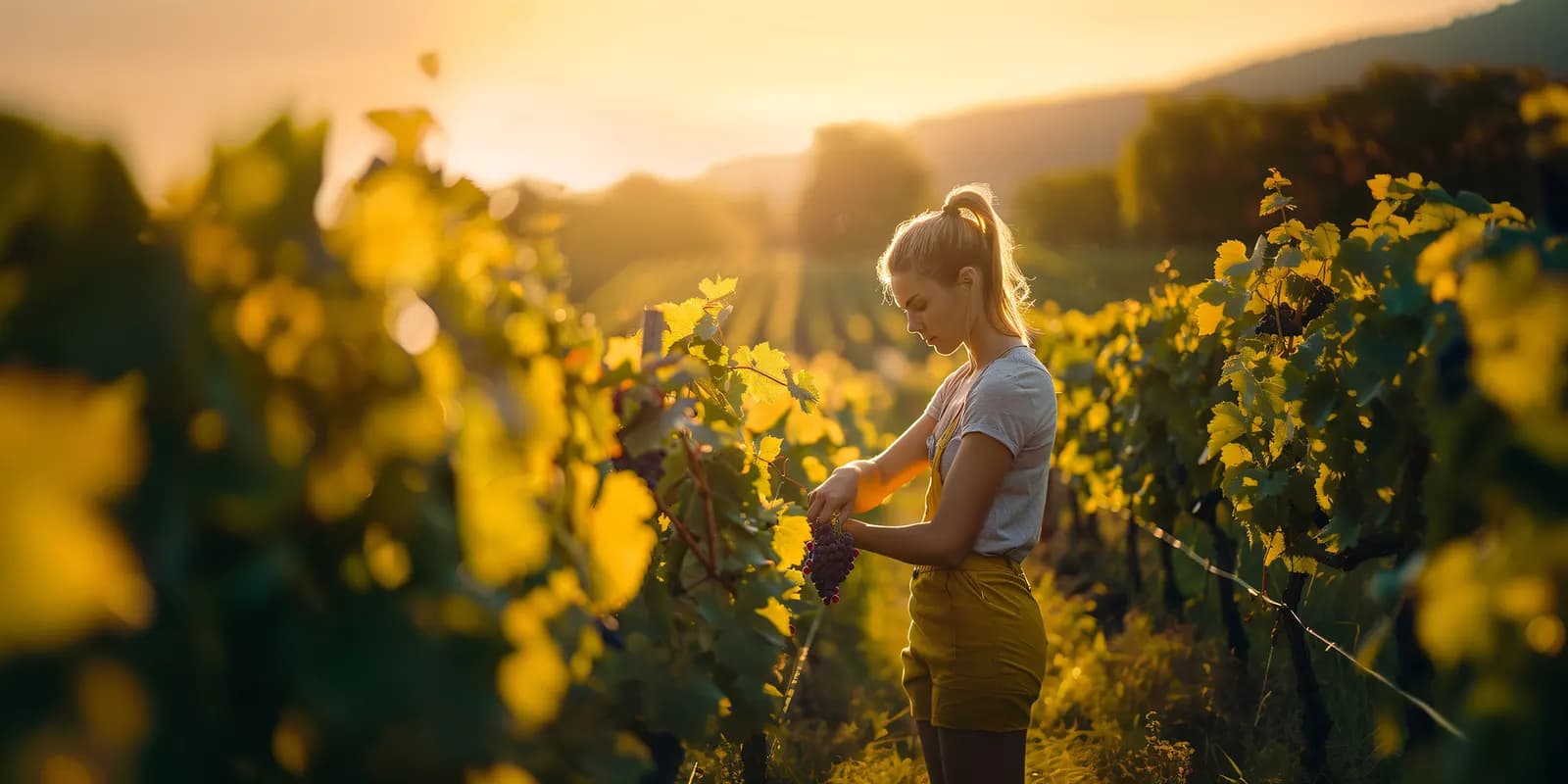 Viticultora revisando racimos en el viñedo al atardecer